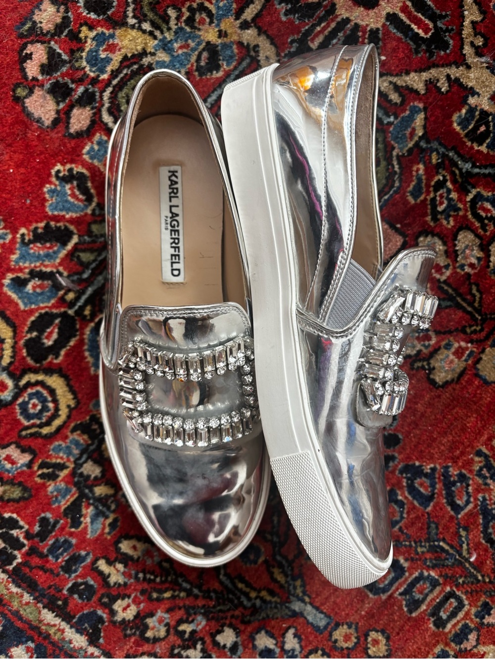 Karl Lagerfeld Silver Crystal-Embellished Slip-On Loafers 8 -39B.  made in Italy - Picture 2 of 8